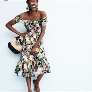 J Crew Ruffle Hem Postcard Print Off Shoulder Dress Sz 4 Belted Style G5839